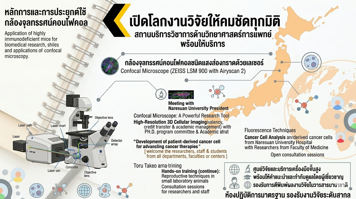 เปิดโลกงานวิจัยให้คมชัดทุกมิติสถานบริการวิชาการด้านวิทยาศาสตร์การแพทย์ พร้อมให้บริการ กล้องจุลทรรศน์คอนโฟคอลชนิดแสงส่องกราดด้วยเลเซอร์ Confocal Microscope (ZEISS LSM 900 with Airyscan 2)